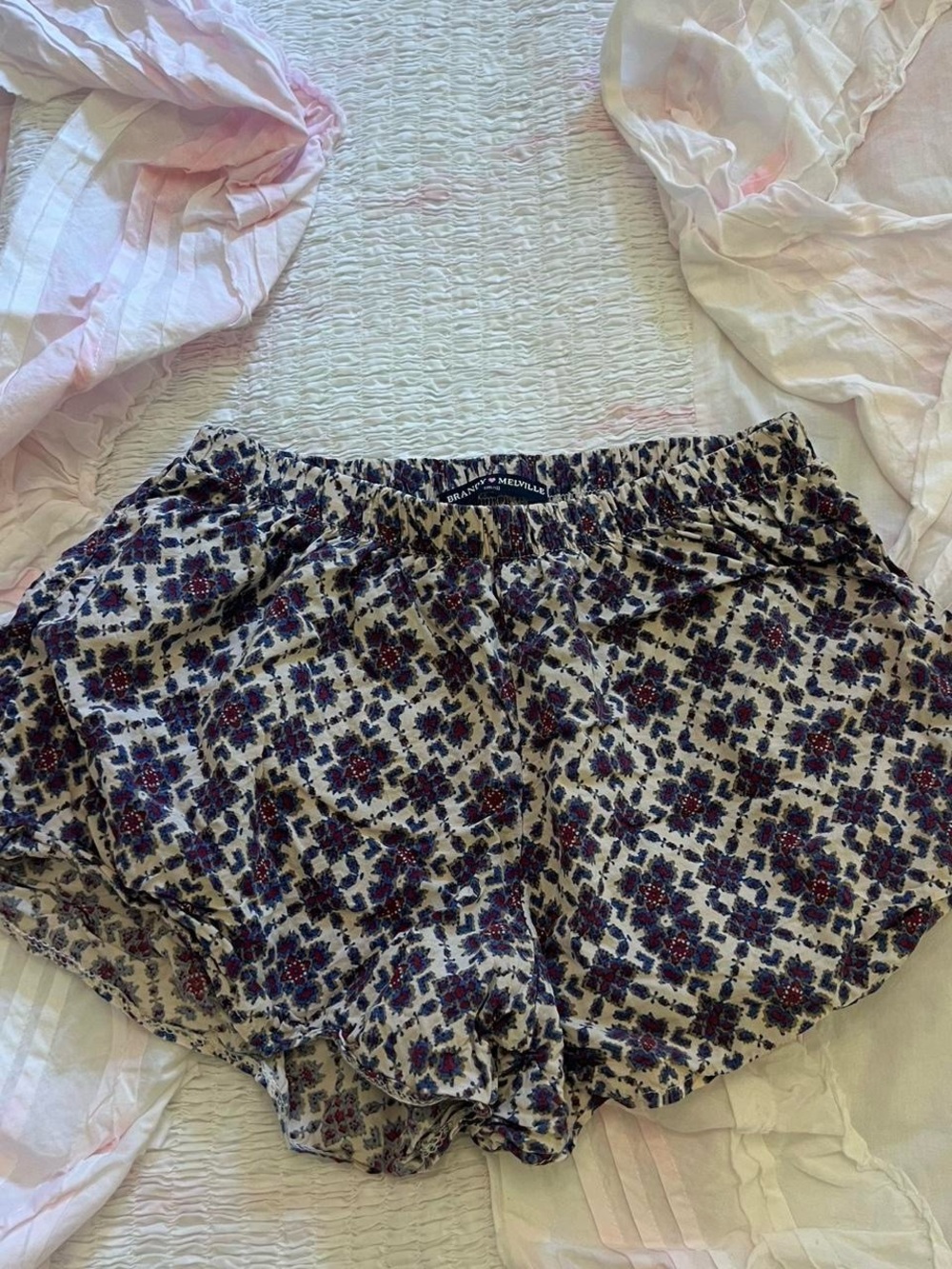 Striped Tile-Print Women’s Shorts in Cream and Navy - Brandy Melville
